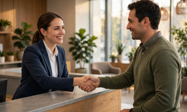 Bank employee shaking hands with a customer across the counter after approving their account