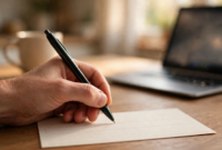 A hand filling out a paper check with a pen at a kitchen table, showing how to order checks for a bank account.