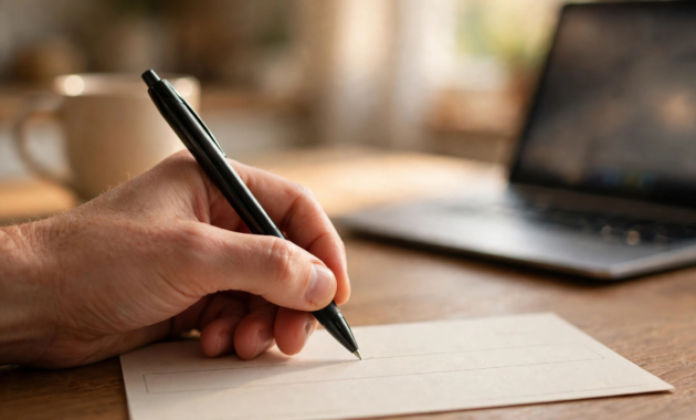 A hand filling out a paper check with a pen at a kitchen table, showing how to order checks for a bank account.