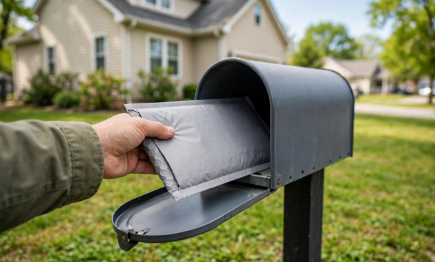 A hand pulling a padded envelope with new checkbooks from a home mailbox, after learning how to order checks for a bank account.