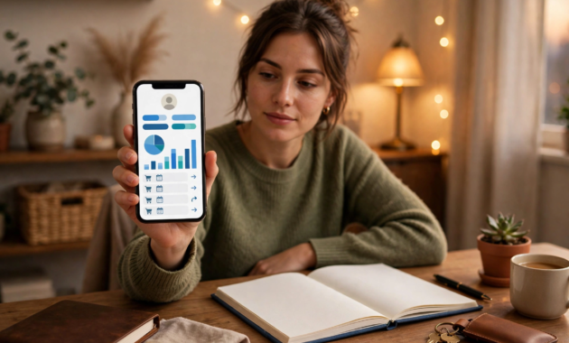 A woman holding up a smartphone with a banking app open in a home office, showing one way of how to order checks for a bank account.