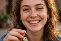 Smiling renter holding apartment keys in front of a brick apartment building — how to report rent payments to credit bureaus