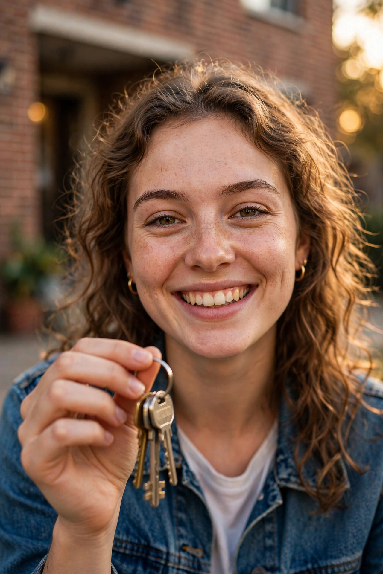 Smiling renter holding apartment keys in front of a brick apartment building — how to report rent payments to credit bureaus