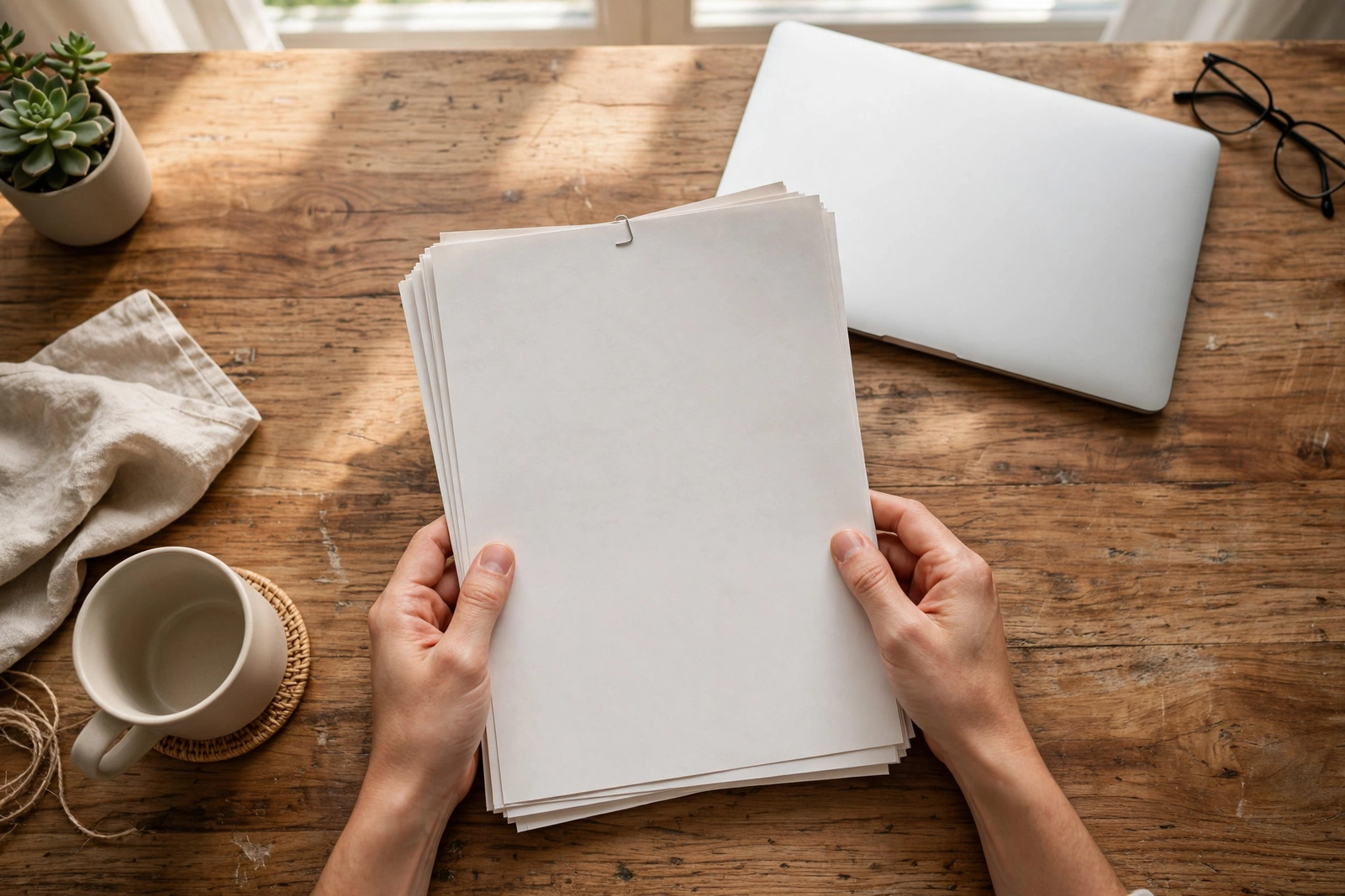 Person reviewing rental paperwork at a home office desk with a laptop nearby