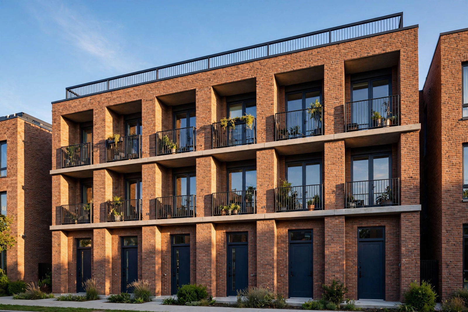 Modern brick apartment building exterior under a clear blue sky