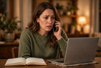 A worried woman calling her bank on a smartphone with a laptop open, about how to stop payment on a check.