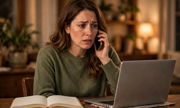 A worried woman calling her bank on a smartphone with a laptop open, about how to stop payment on a check.