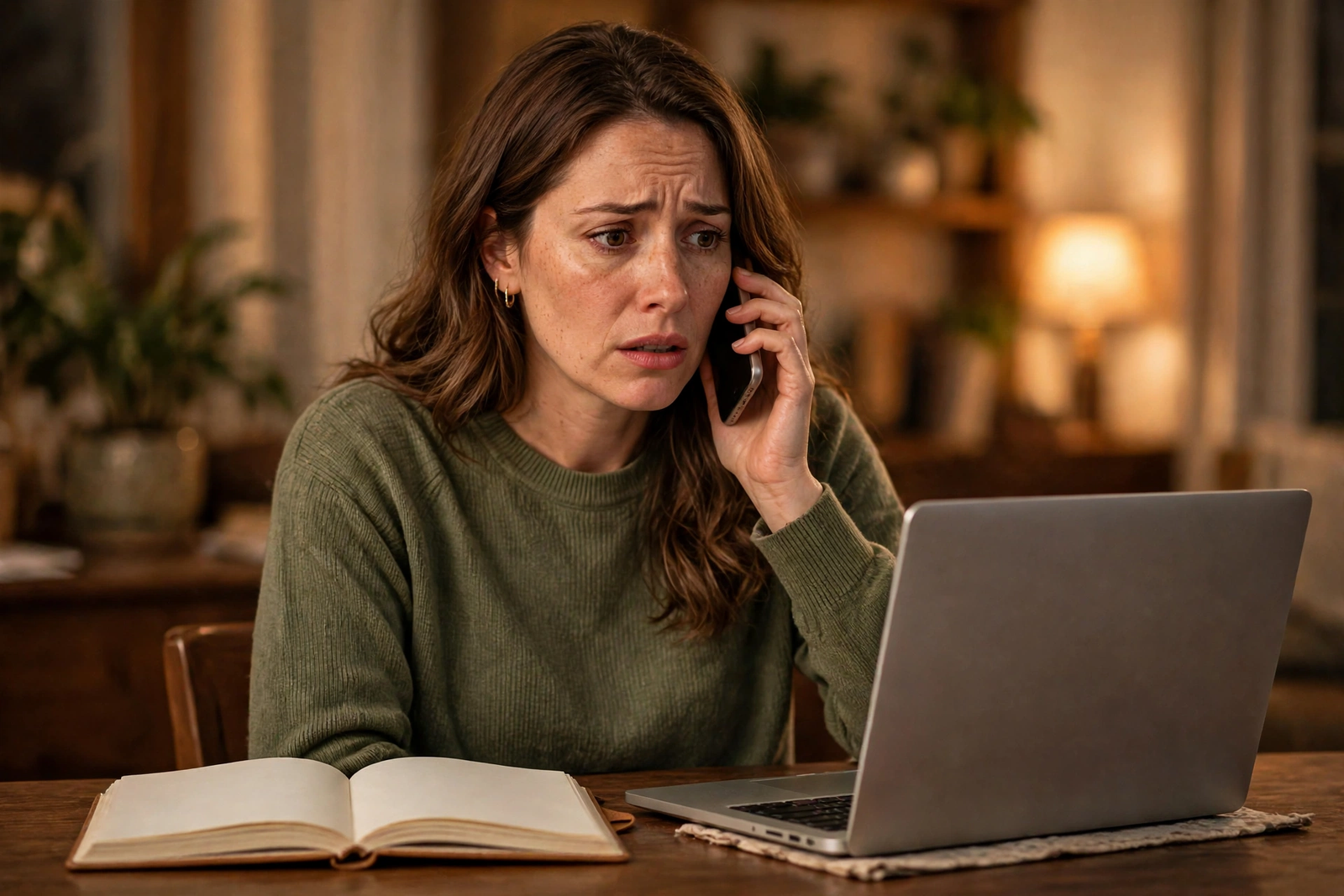 A worried woman calling her bank on a smartphone with a laptop open, about how to stop payment on a check.