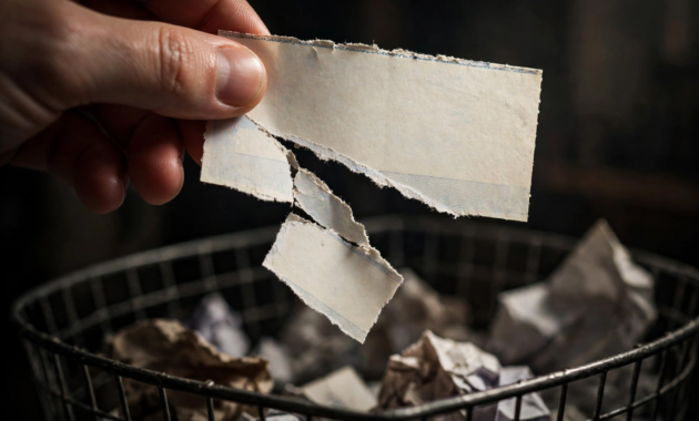 A hand dropping a torn paper check into a wastebasket after placing a stop payment order.