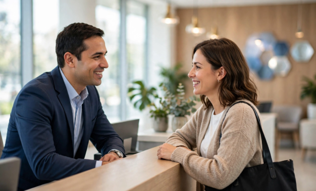 A customer speaking with a bank teller at a branch counter to place a stop payment order.