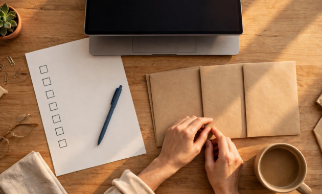 Overhead view of a desk with a laptop, bill checklist, envelopes and coffee — planning to switch banks without missing bills