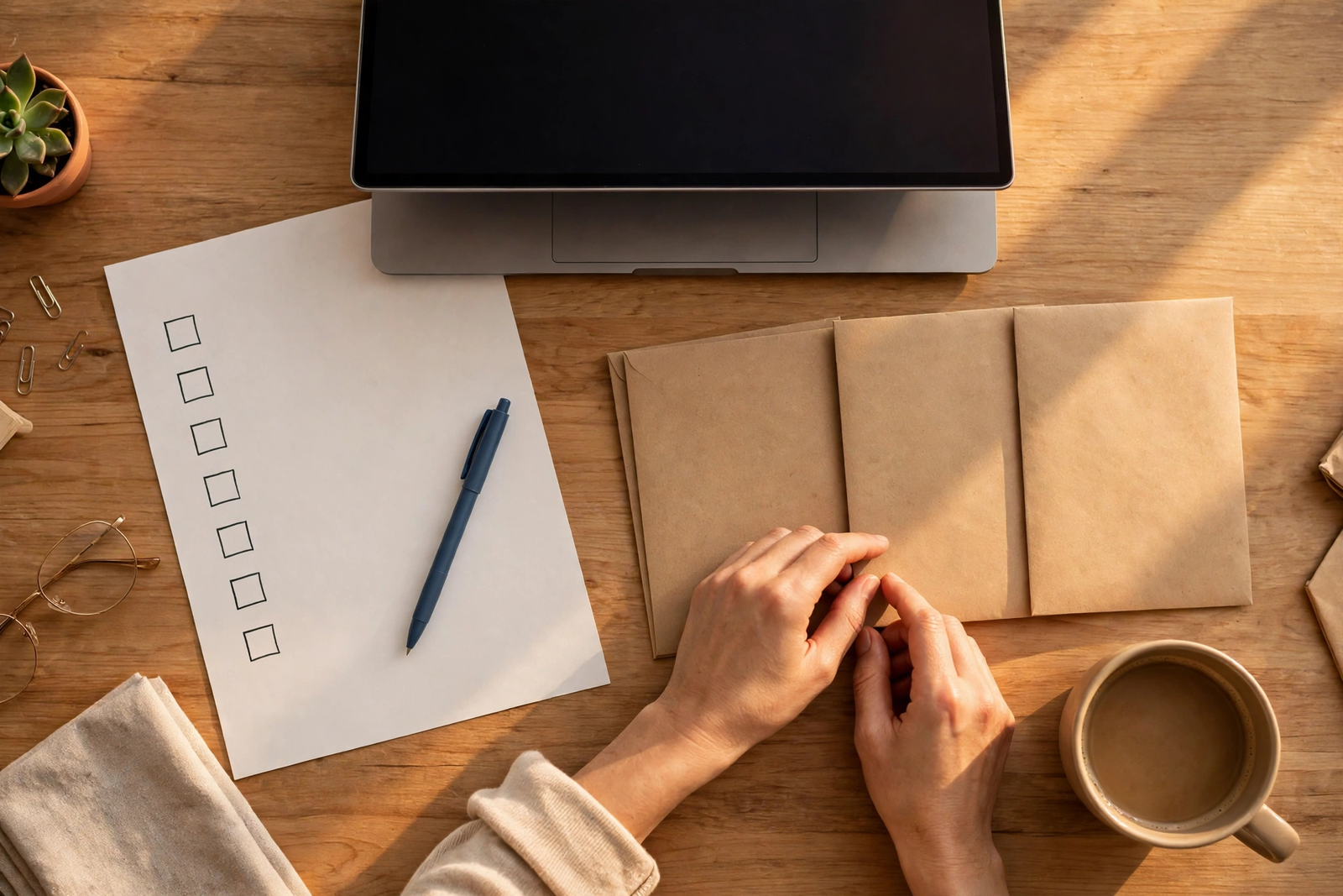 Overhead view of a desk with a laptop, bill checklist, envelopes and coffee — planning to switch banks without missing bills