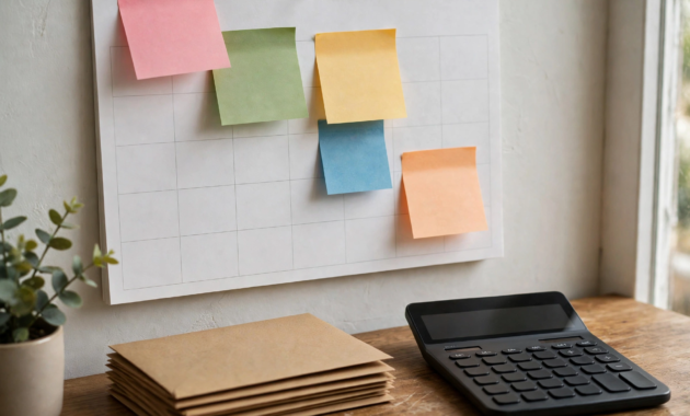 Wall calendar with sticky notes, calculator and envelopes for tracking the bank-switch timeline