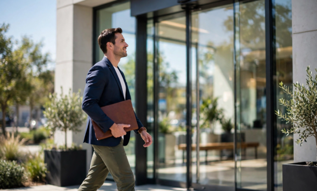Person walking toward a modern bank branch entrance holding a folder