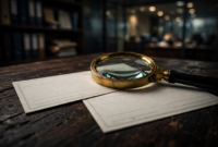Magnifying glass over paper checks on a desk during a check kiting fraud investigation