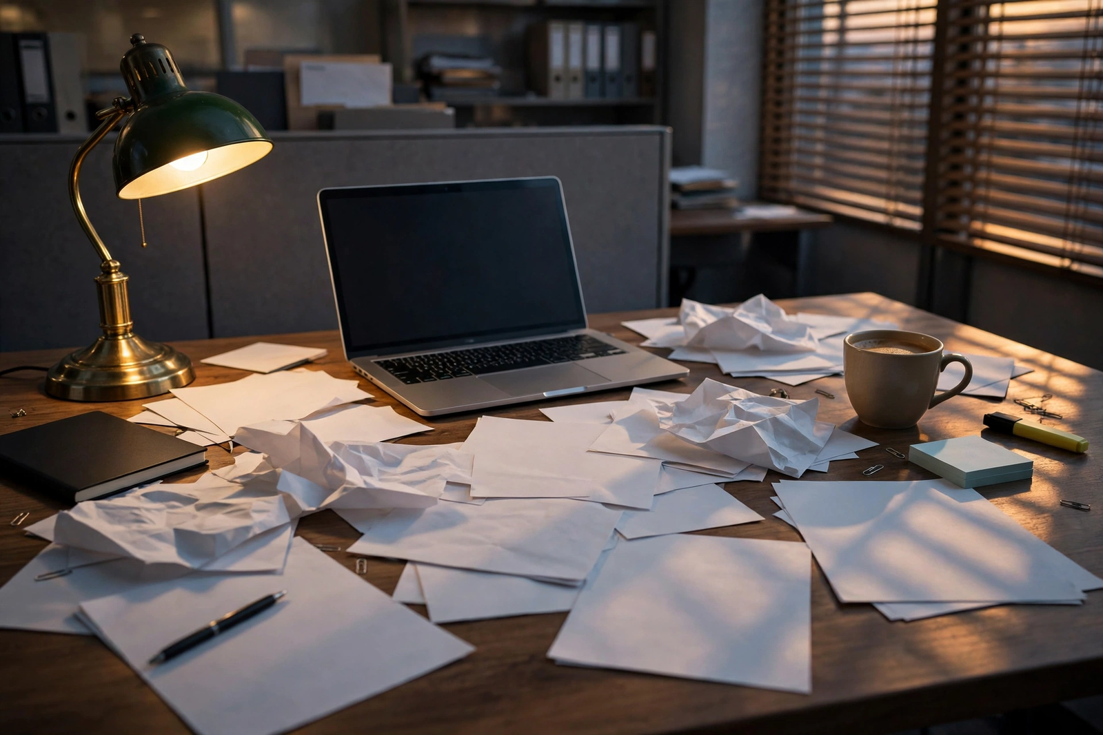 Bank fraud investigator's desk with laptop and documents reviewing check fraud patterns