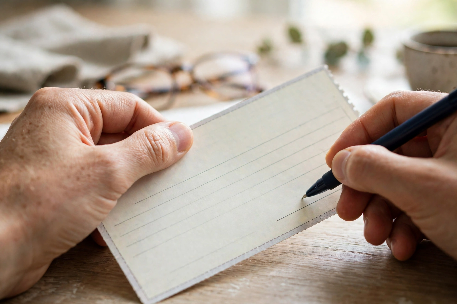 Hands writing on a paper check with a pen at a desk